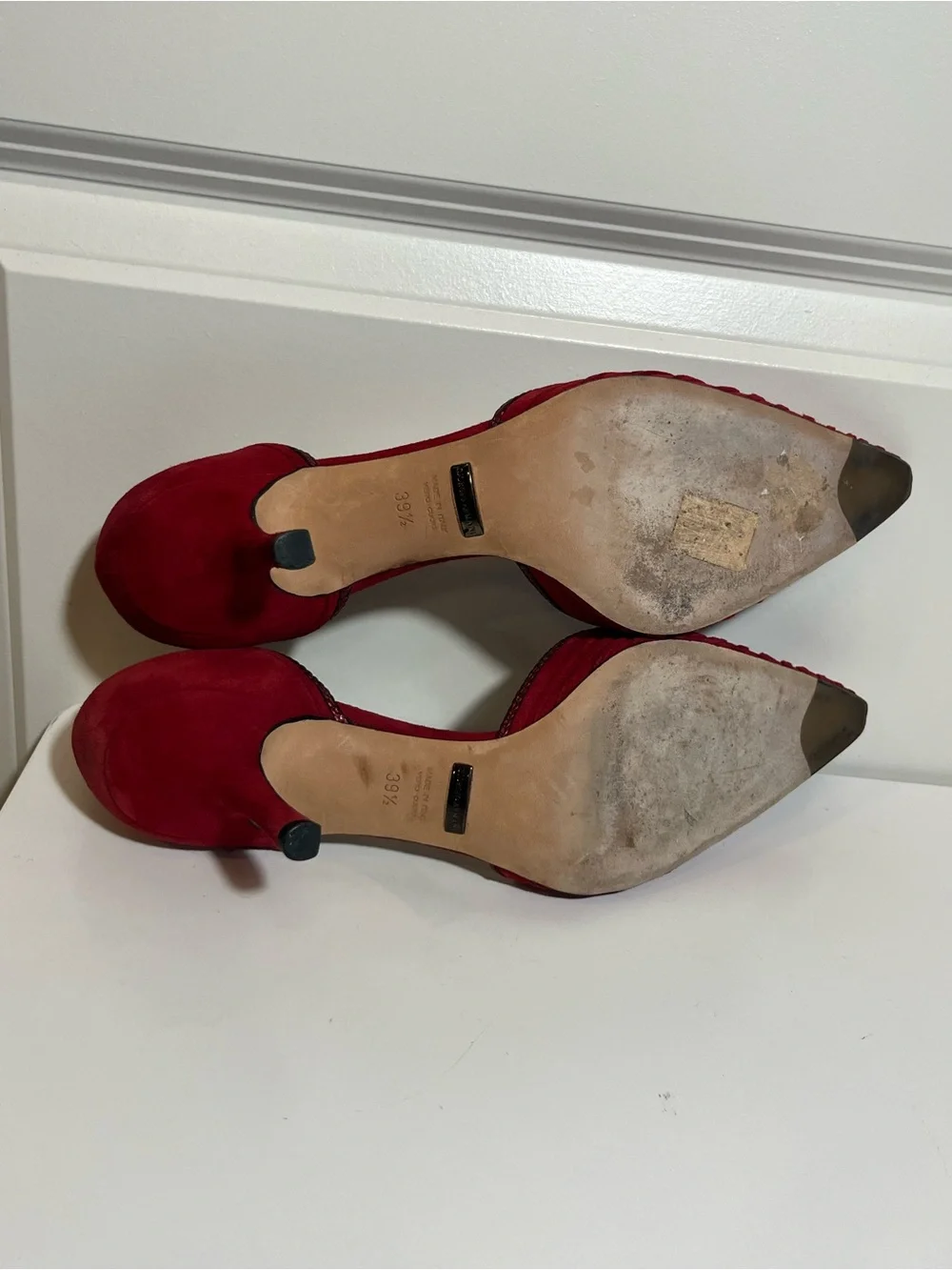 Giorgio Armani Red Suede Pointed Toe Heels Intricate Braided Detail US Size 9.5